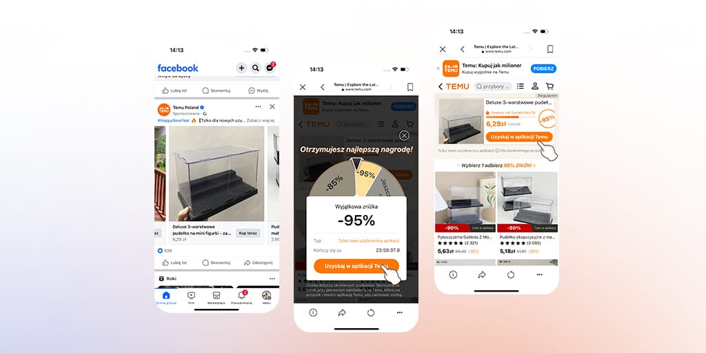 Ścieżka kampanii promocyjnej marki TEMU przekonująca do zakupów w aplikacji.